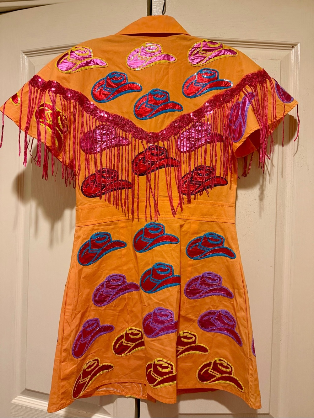 Queen of Sparkles Western Fringe Shirt Dress with Multicolor Hat Appliqués - Picture 3 of 4